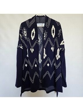 BLUE BAYOU CARDIGAN WOMENS OPEN FRONT EMBROIDERED NAVY WHITE (LARGE)
